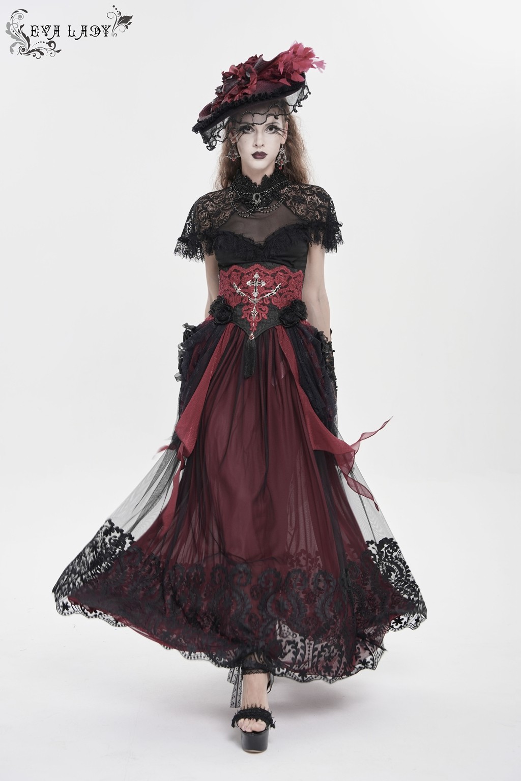 Eva Lady Women Black Red Retro Gothic Elegant Cross Bat Corset With Tulle Skirt