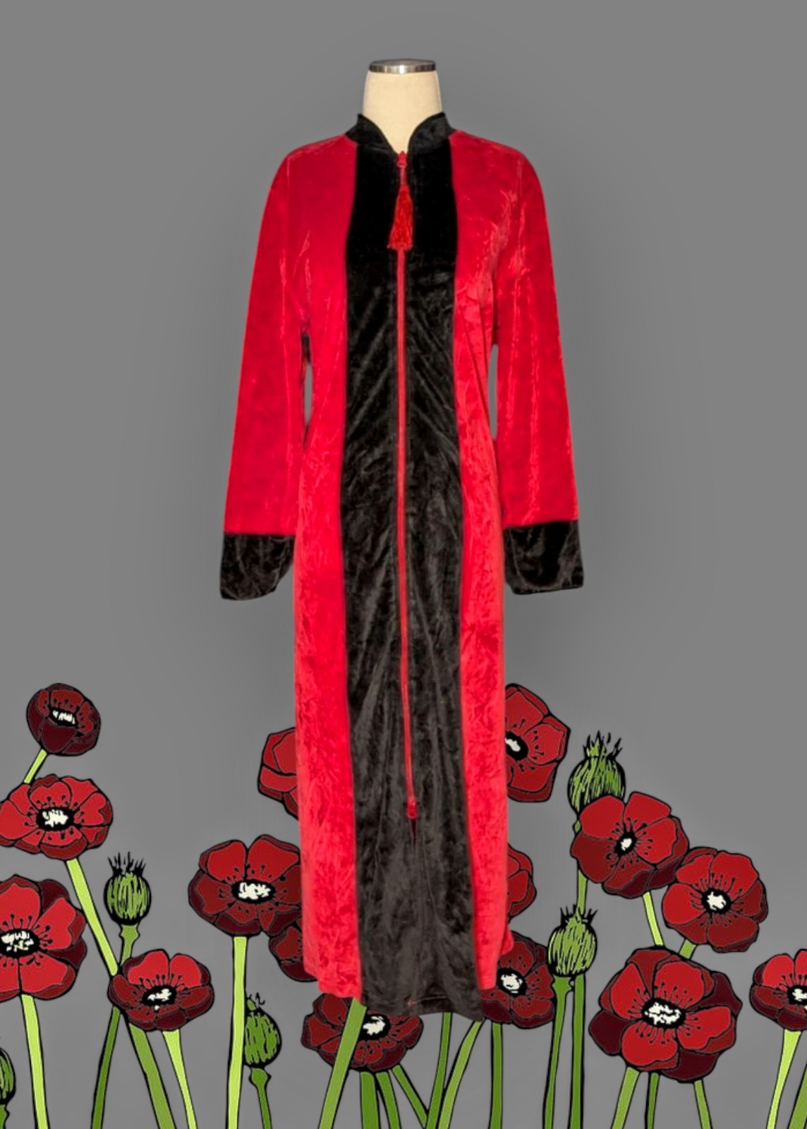 ENCHANTED Red Black LOUNGE Robe House Coat Nightgown 2-WAY ZIP Women’s S/M
