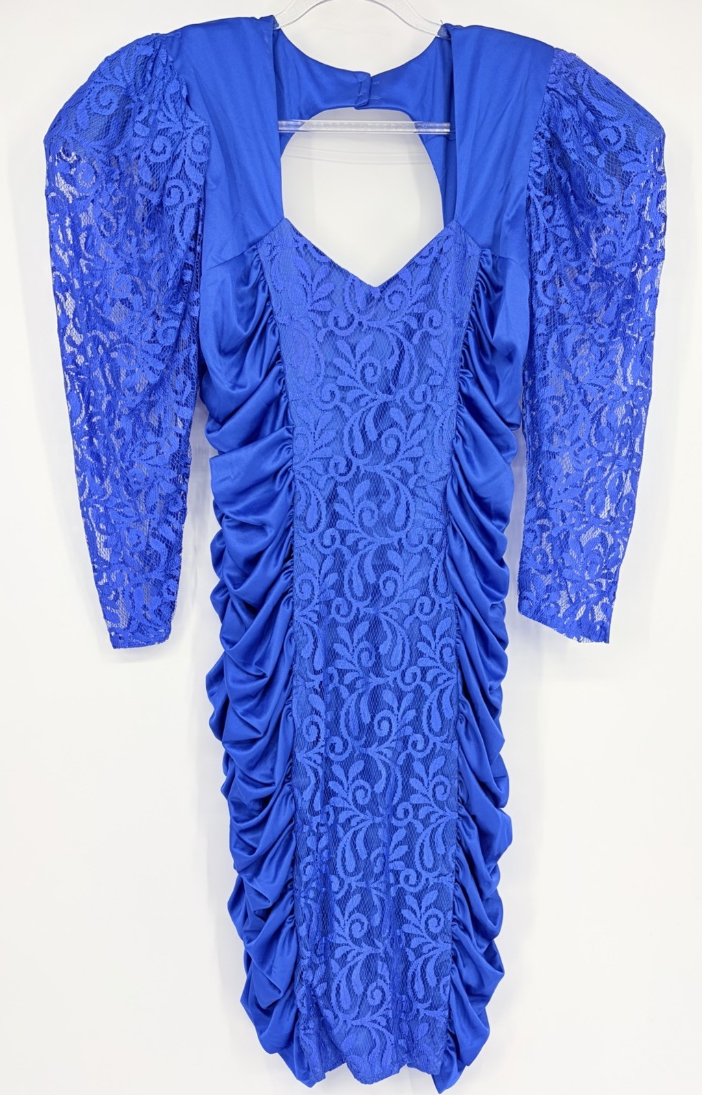 Vintage Mayvens of California Bodycon Lace Ruched Dress Size 13 Puff Sleeves