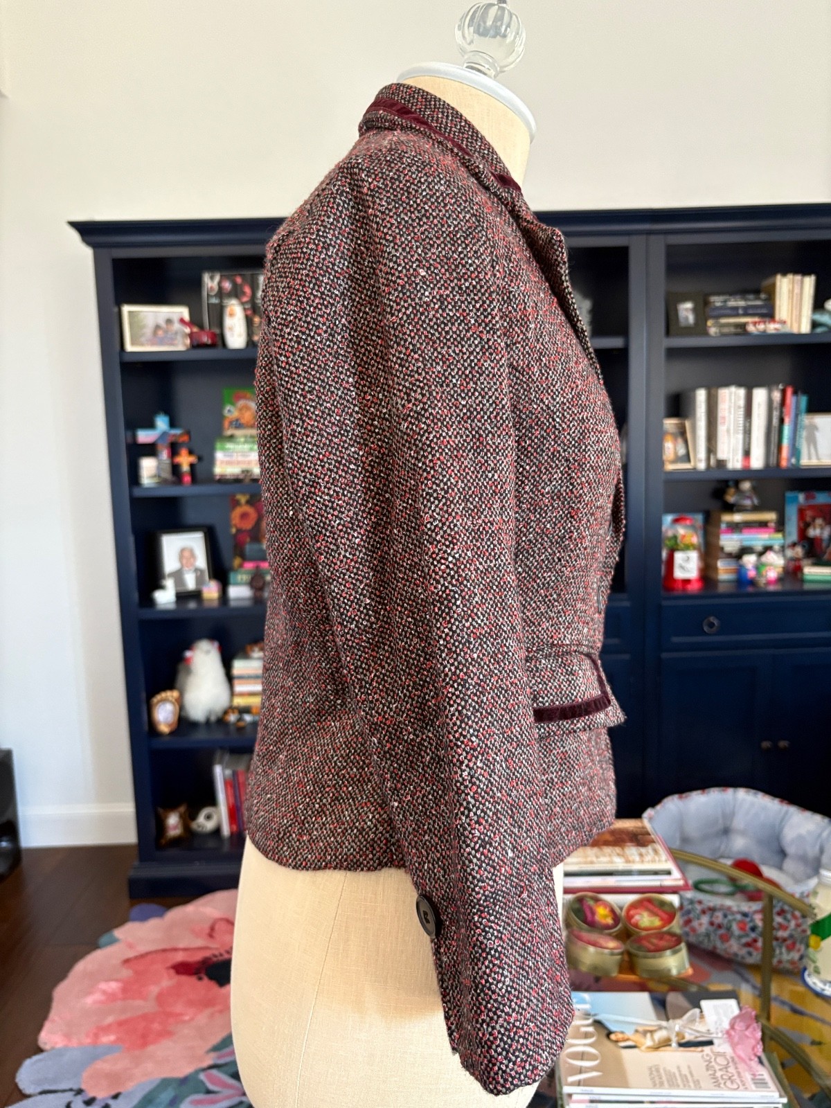 Vintage Rampage Burgundy Wine Tweed Cropped Blazer with Velvet Trim size S