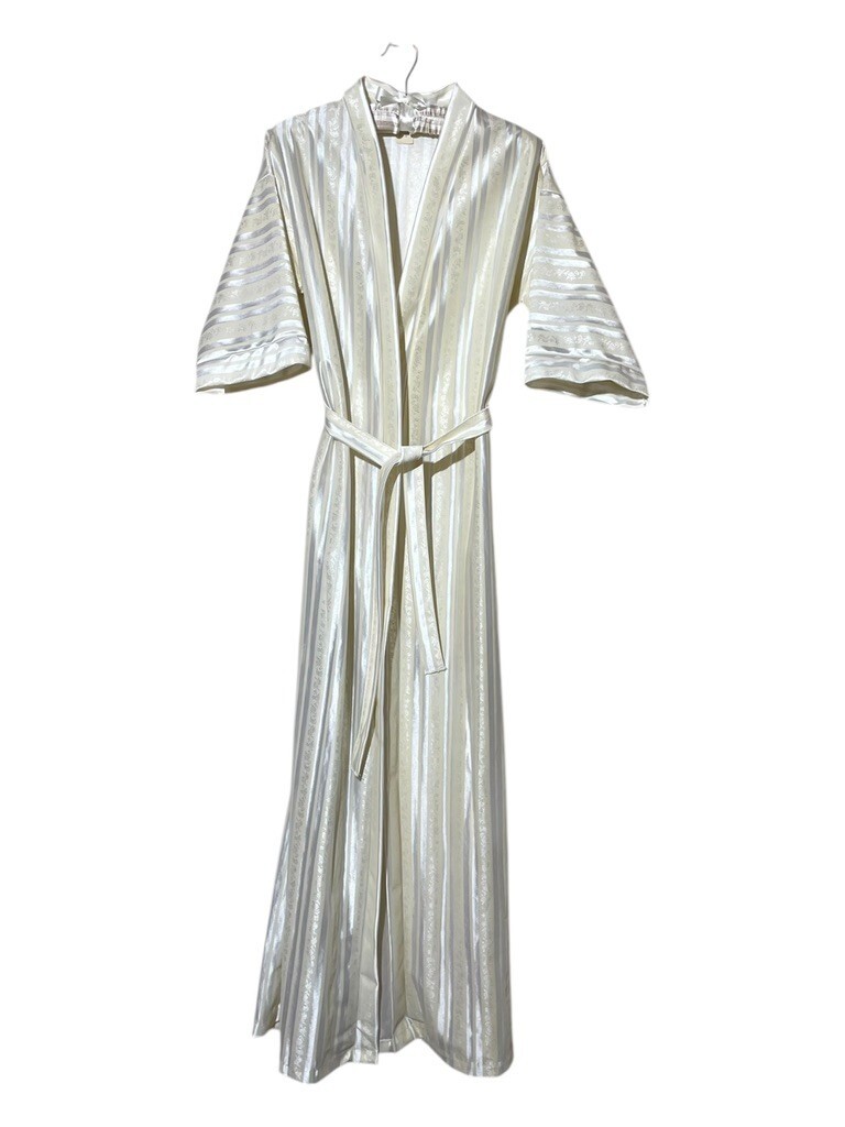 Vintage 70s 80s Robe Women M Long Satin Kimono Lightweight Yellow Stripe Floral
