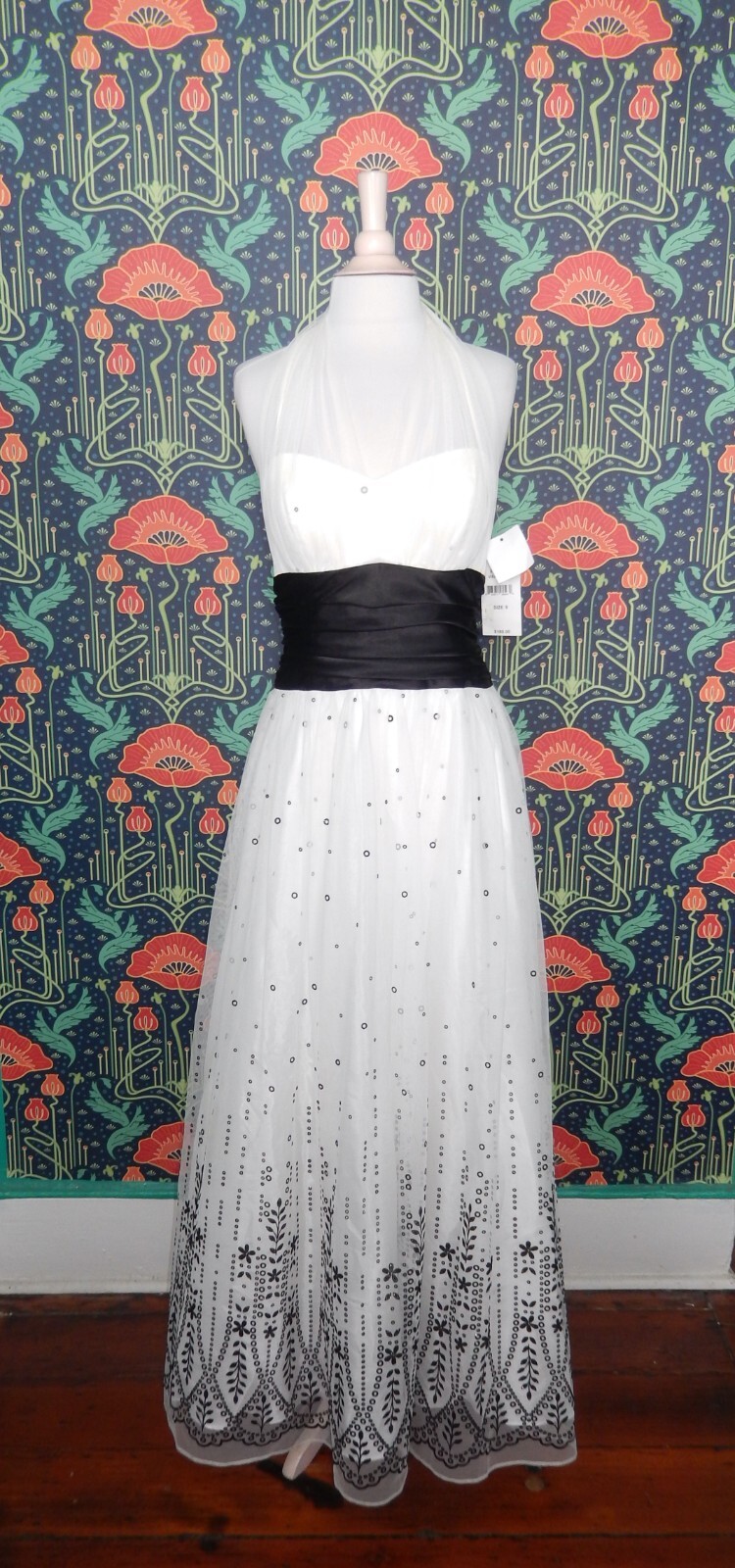 Vintage 90’s Y2K Black White Flocked Velvet Tulle Princess Hall Prom Dress