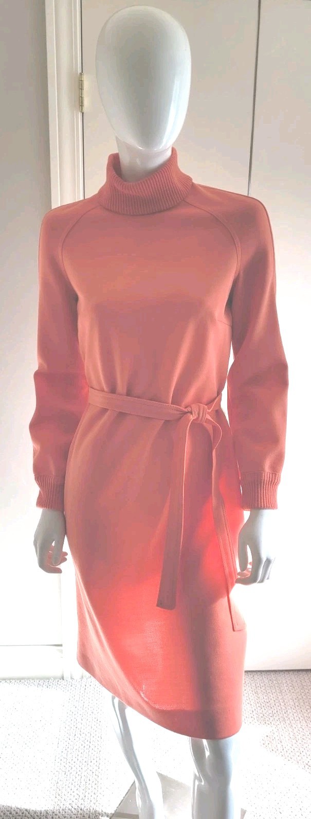 VTG 70s MCM Butte Knit Orange Midi Dress S/M Dopamine Mod Turtleneck Belted