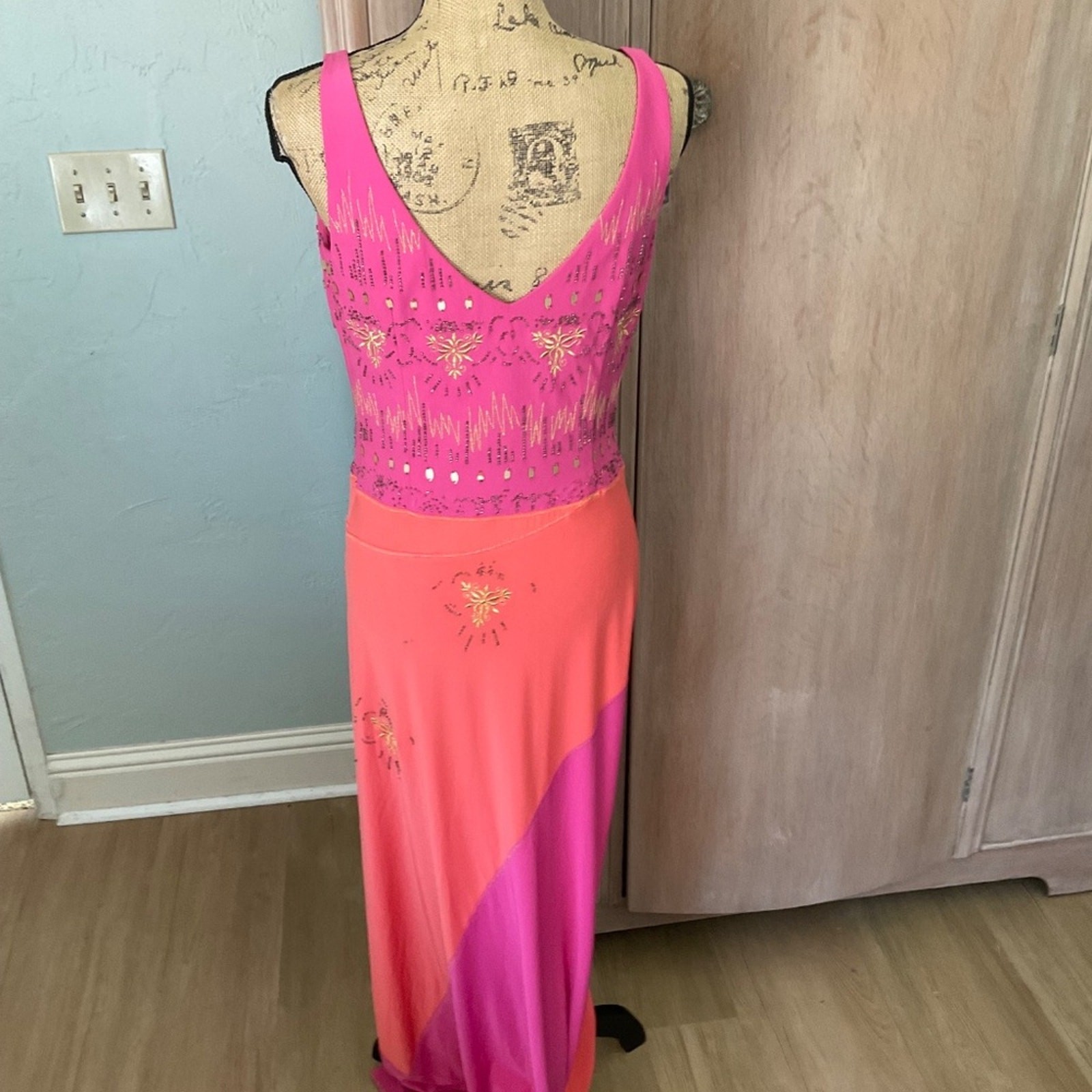 Vtg 90s Y2K Christyne Forti pink orange Gold Beaded embellished bias maxi dress