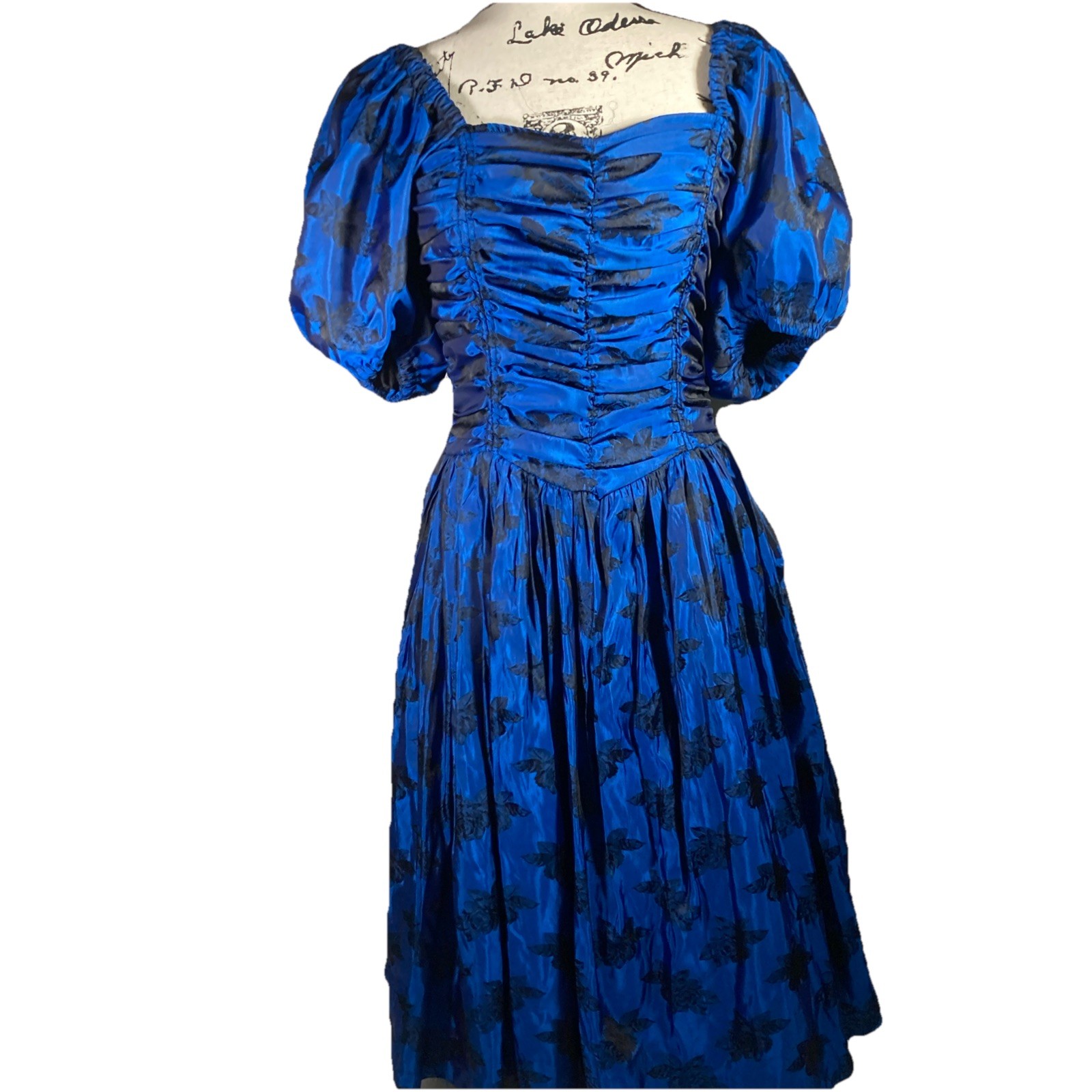 Vintage 80s Party Dress Cobalt Blue & Black Taffeta Jungle Mode Wortman Krenlin
