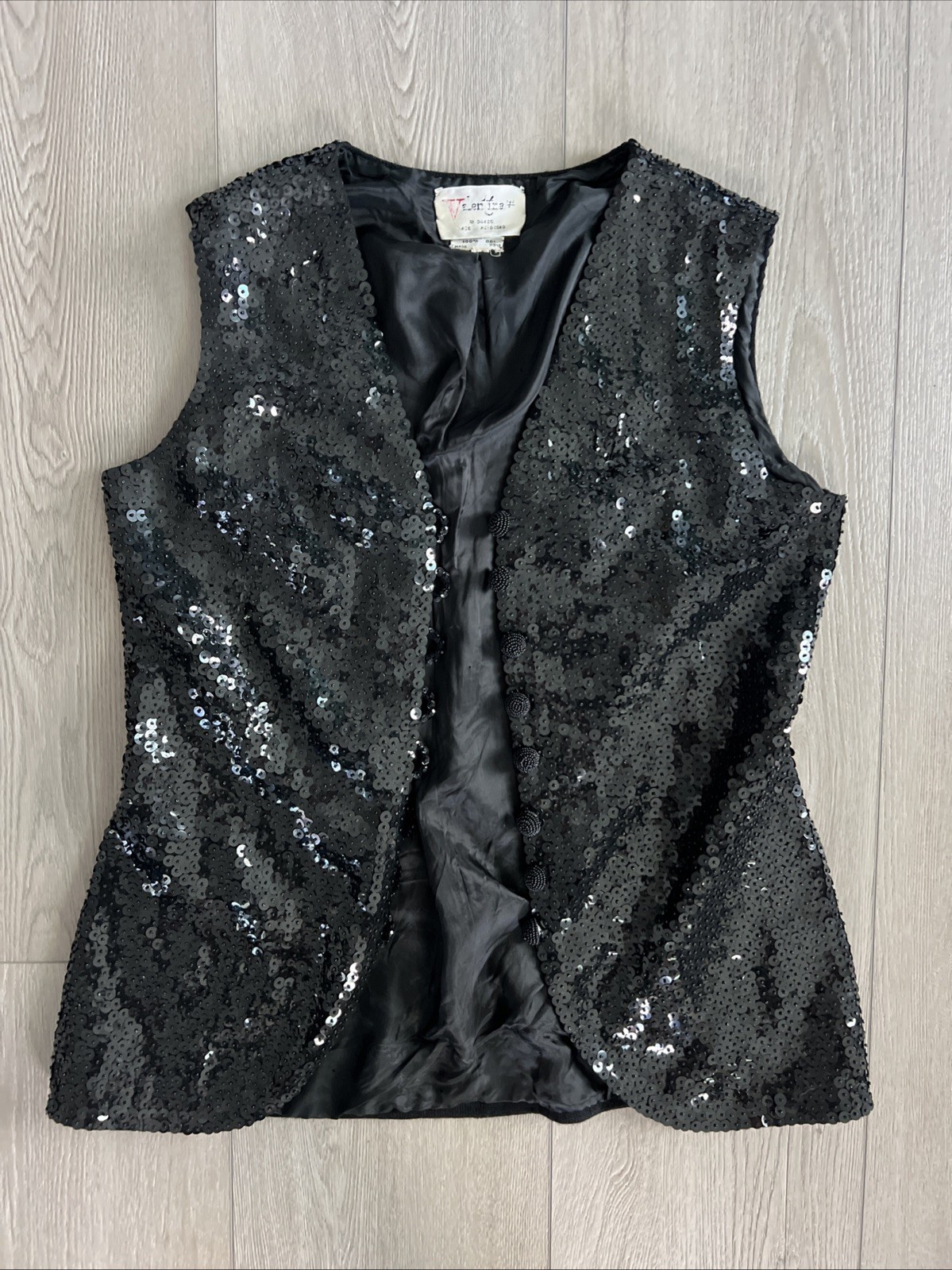Vtg 60s Valentina Ltd Wool Black Sequin Top Vest Mod Hong Kong Old Hollywood M
