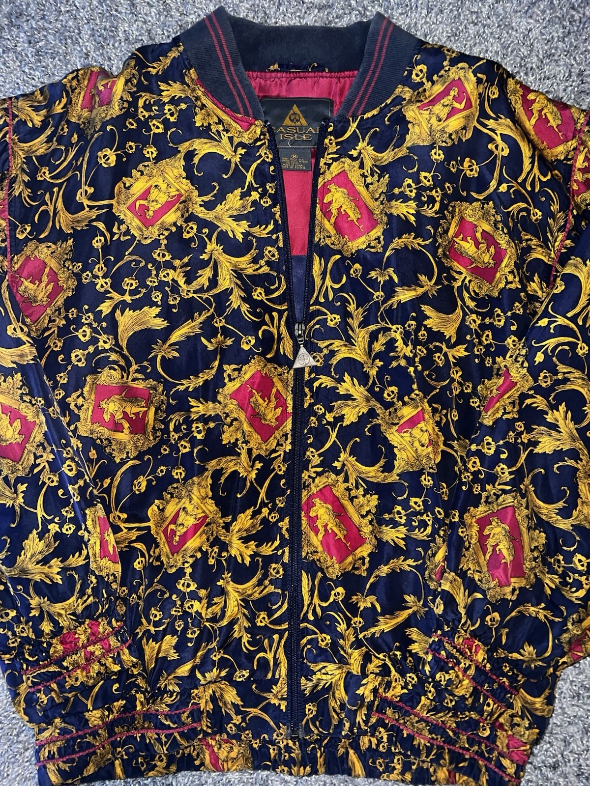 VTG 80s 100% Silk Bomber Jacket Abstract Baroque Print M Casual Isle Full Zip Up
