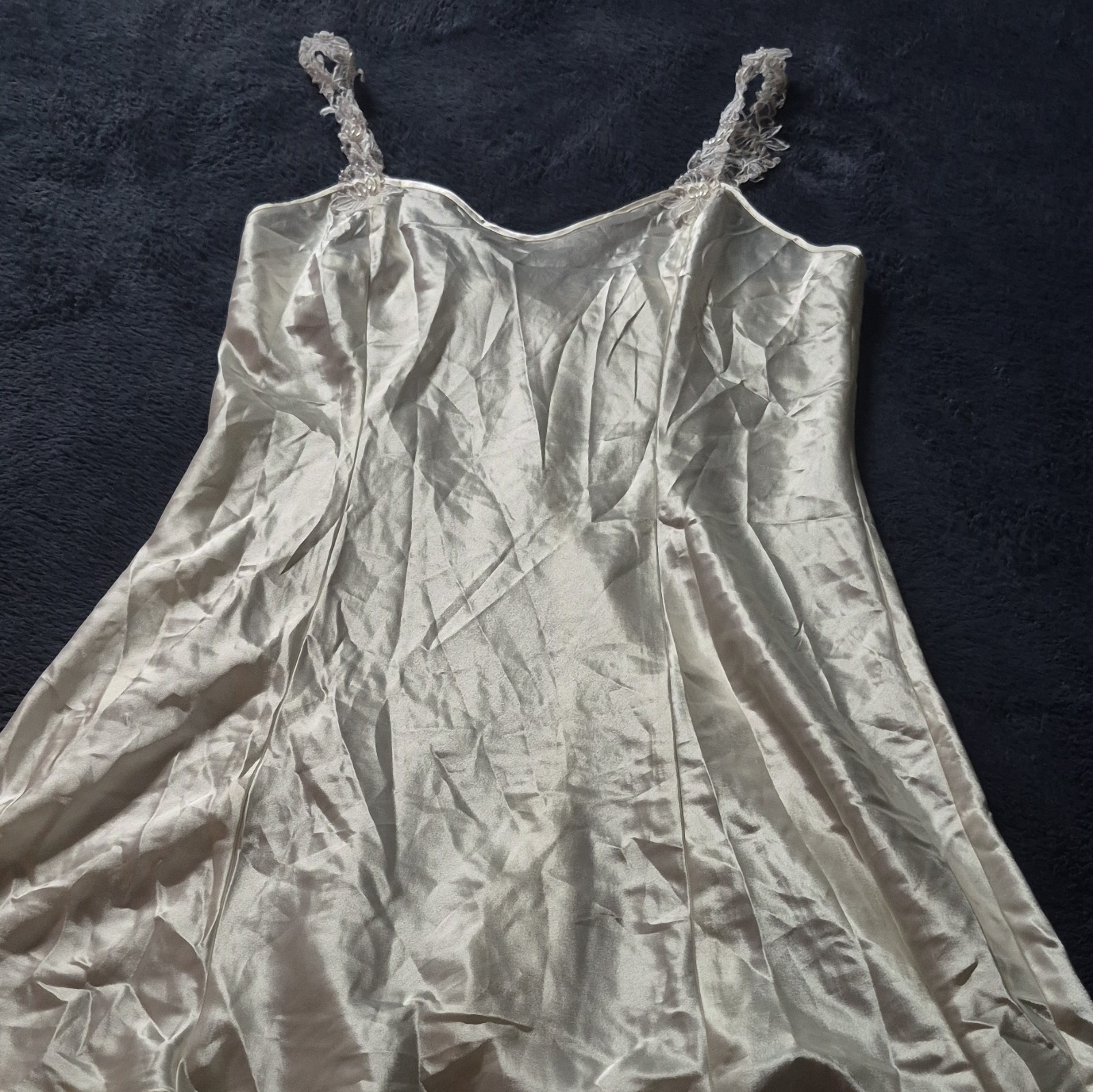 California Dynasty Ivory Satin Slip Nightgown Lace Straps Size Large Regular