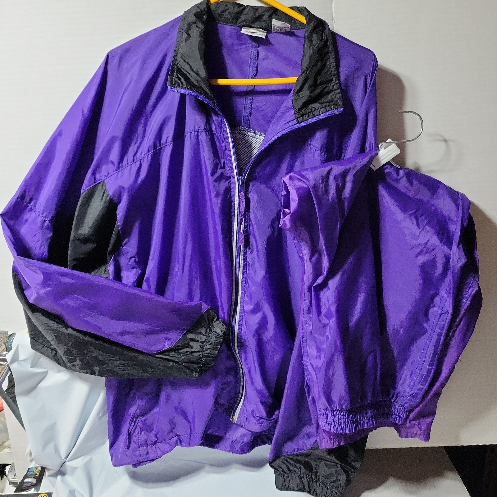 80s 90s L Windbreaker Set Jacket Pants Retro Purple Blak Track Suit Jacket Pants
