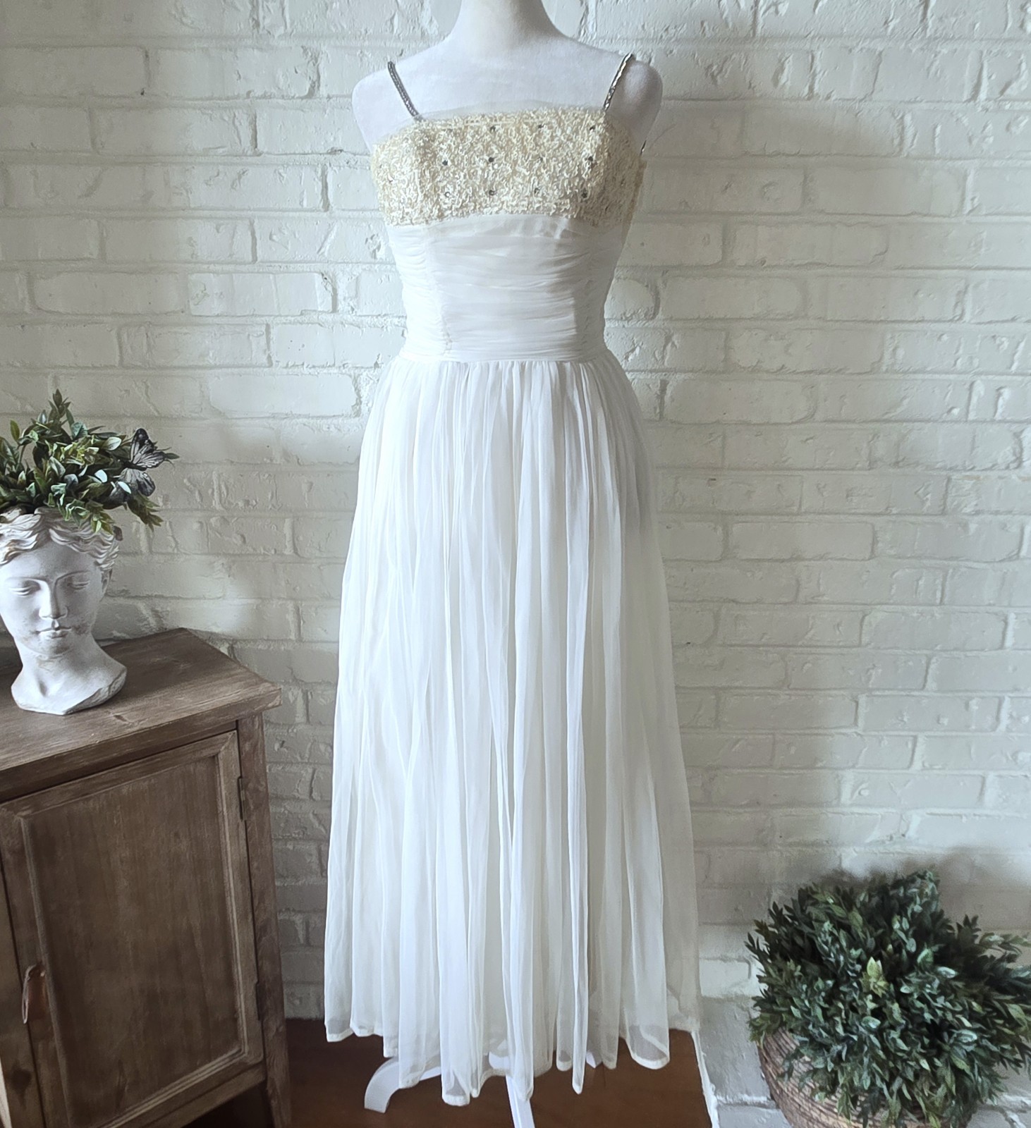 Vtg 1950s 60s Rhinestone Ruched Party Dress, Wedding, Bridal