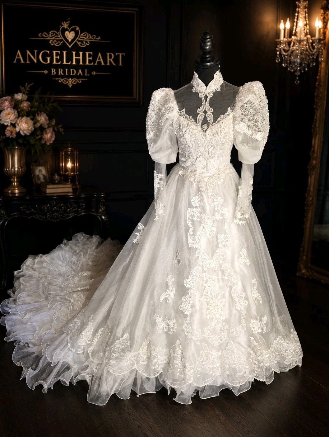 Vintage White Lace Wedding Dress Victorian Puff Sleeves Sz S