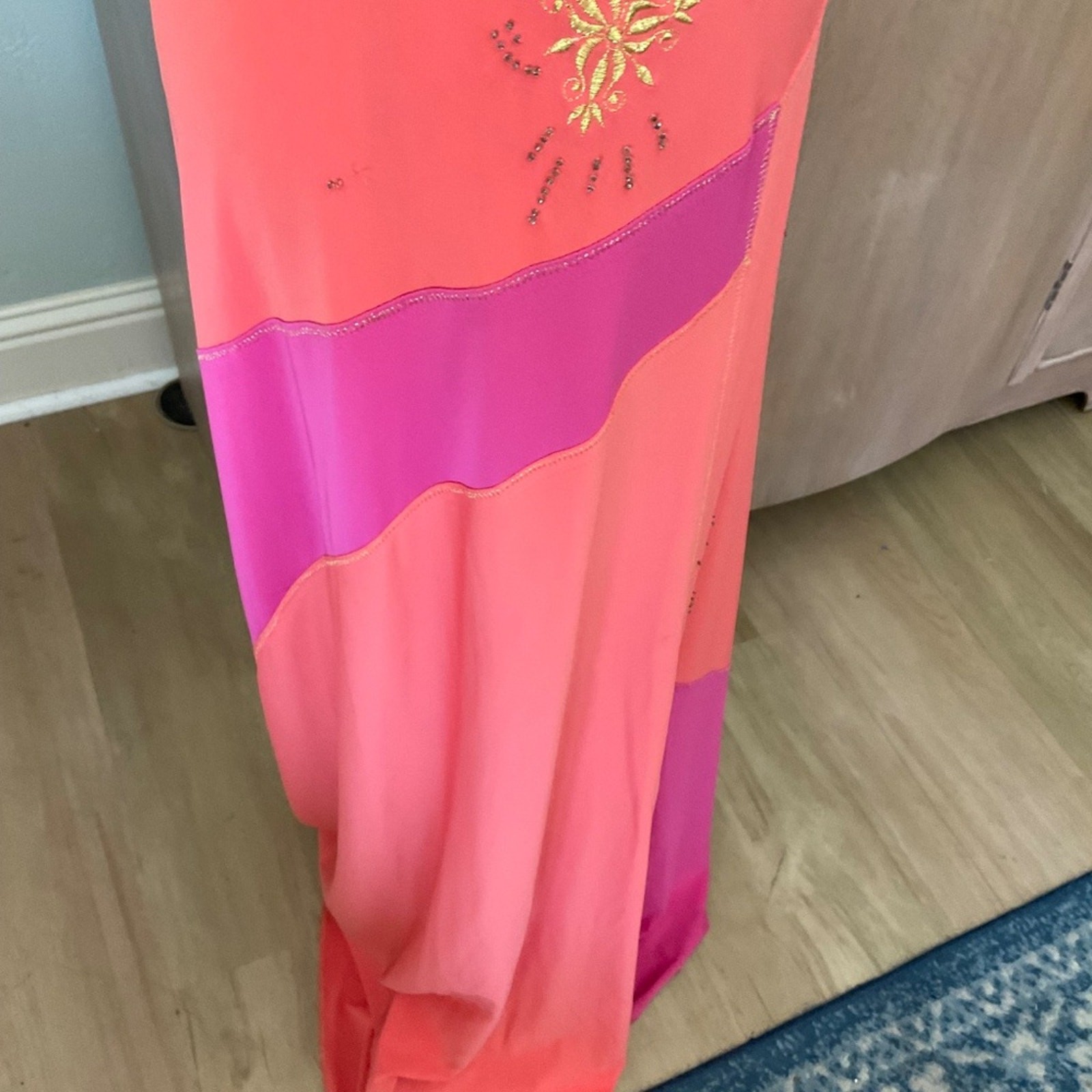 Vtg 90s Y2K Christyne Forti pink orange Gold Beaded embellished bias maxi dress