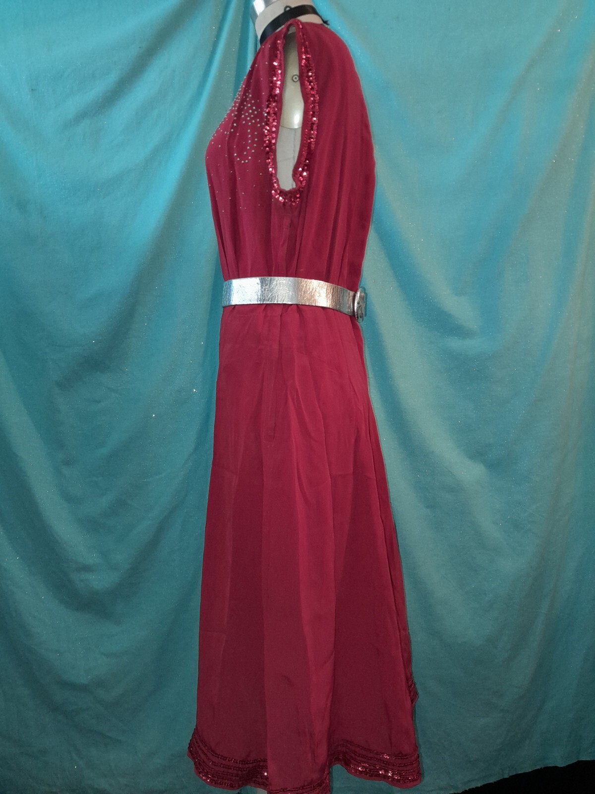 Vtg 30s 40s Red Sequin Rayon Crepe Studded Custom Short Party Evening Dress W30