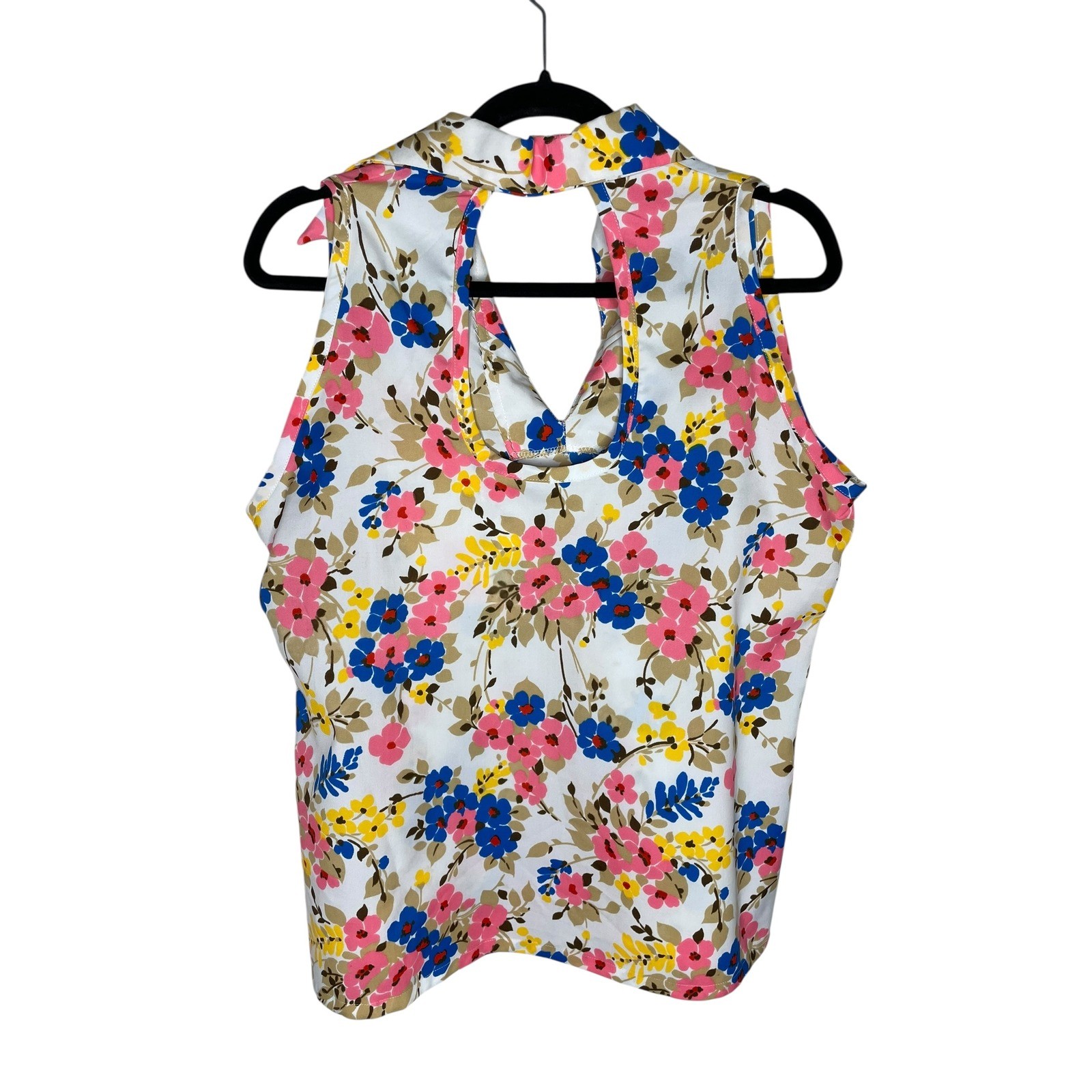 Floral Sleeveless Top Open Back White Pink Blue Yellow Blouse