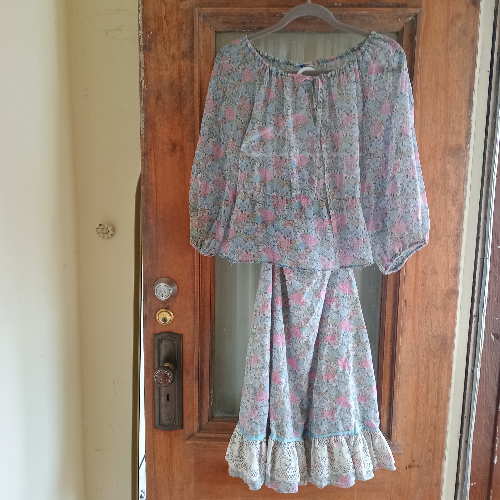 Vintage 70s Pastel Blue Floral 2 Piece Shirt Skirt Set S Hippie Boho Festival S