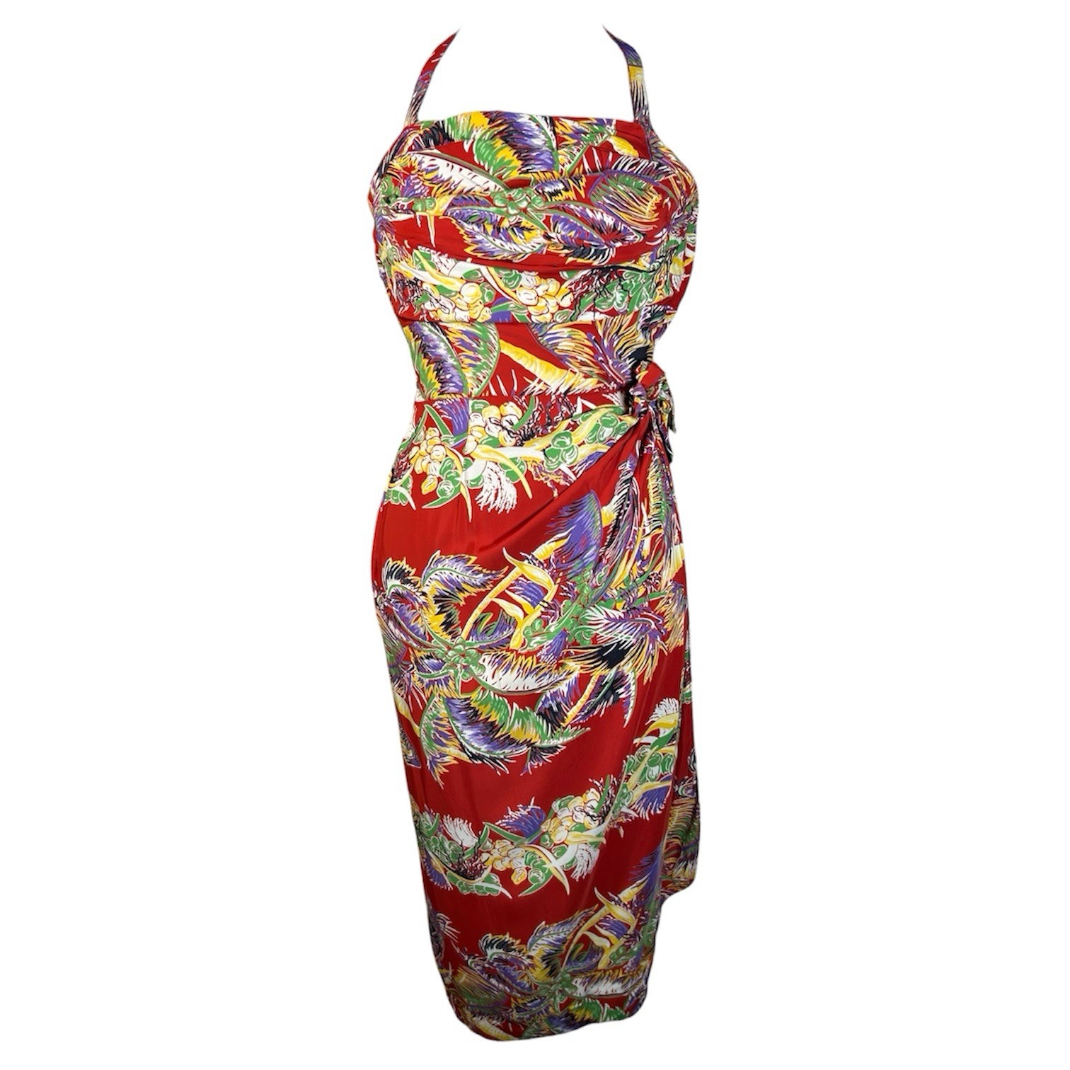 VTG 40s/50s Hawaiian Tropical Sarong Dress Boned Halter Rayon Tiki Pinup Midi XS