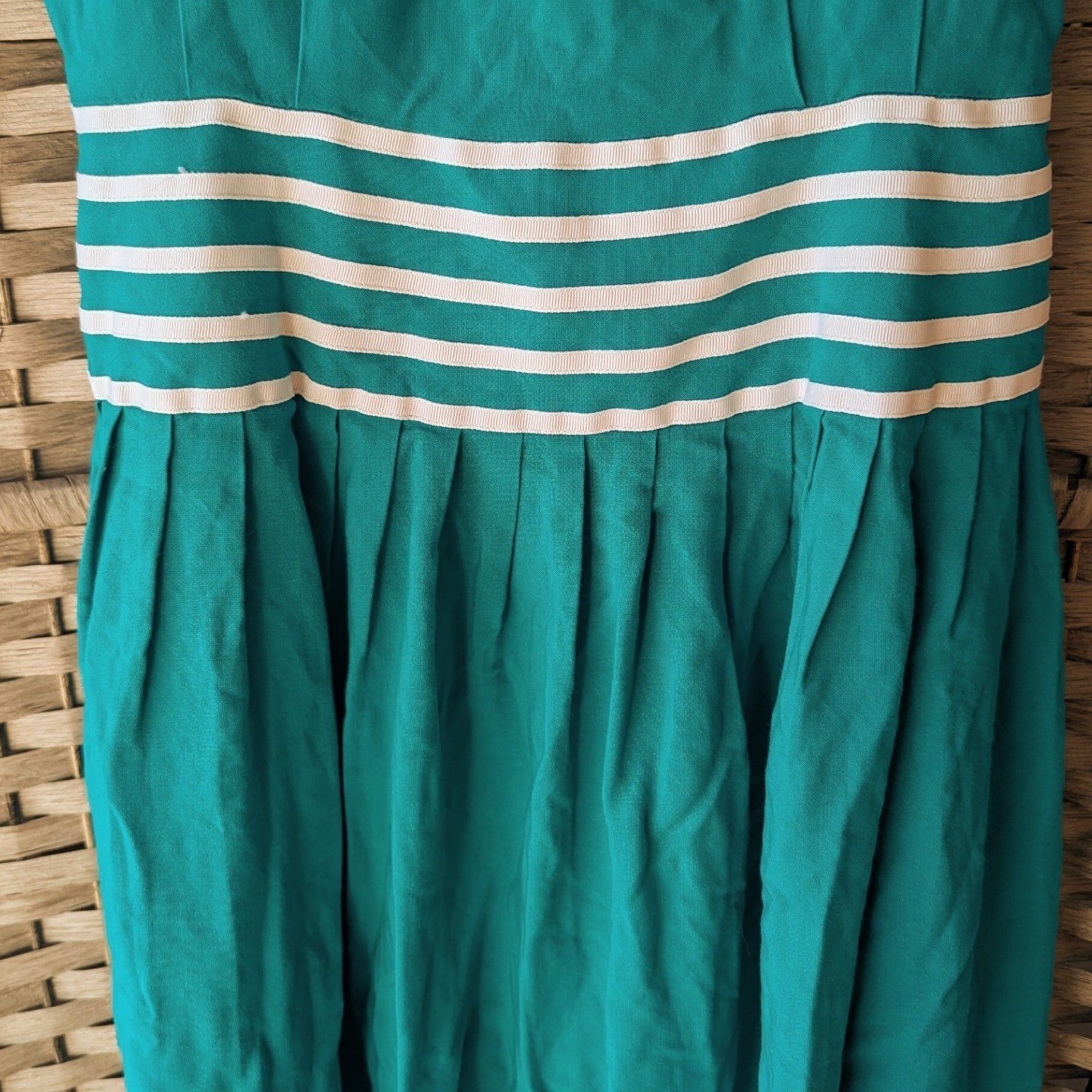 Vtg 80s Teal Striped Nautical Midi Fit & Flare Dress Pleated Short Sleeve Sz 4