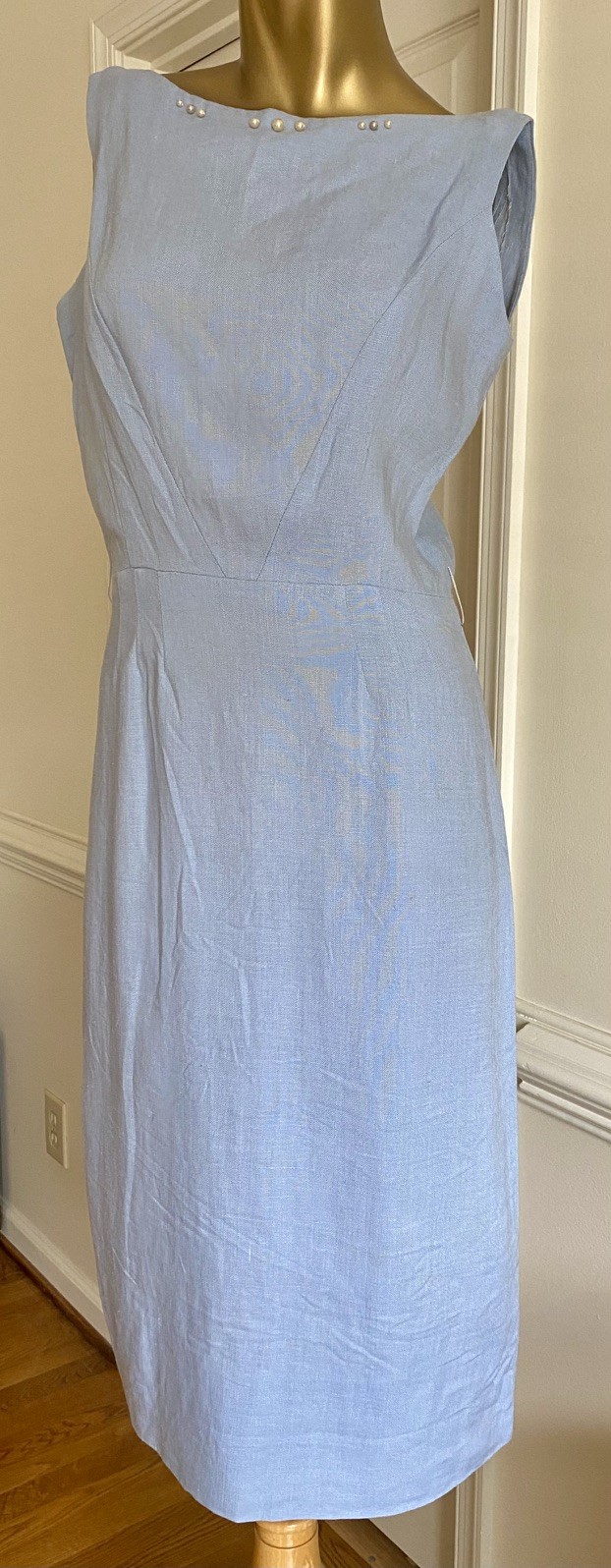Vtg 50s Jerry Gilden Spectator Linen Sheath Dress Baby Blue Pearl Size 4 Mad Men