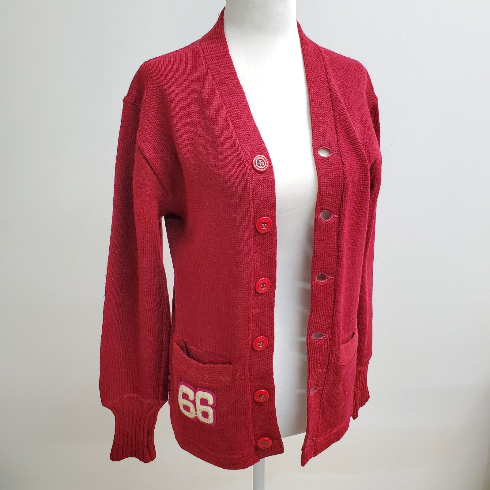 Vintage 60s 1966 Academia Varsity Cardigan Sweater Stadium Shaker Maroon Wool ~S