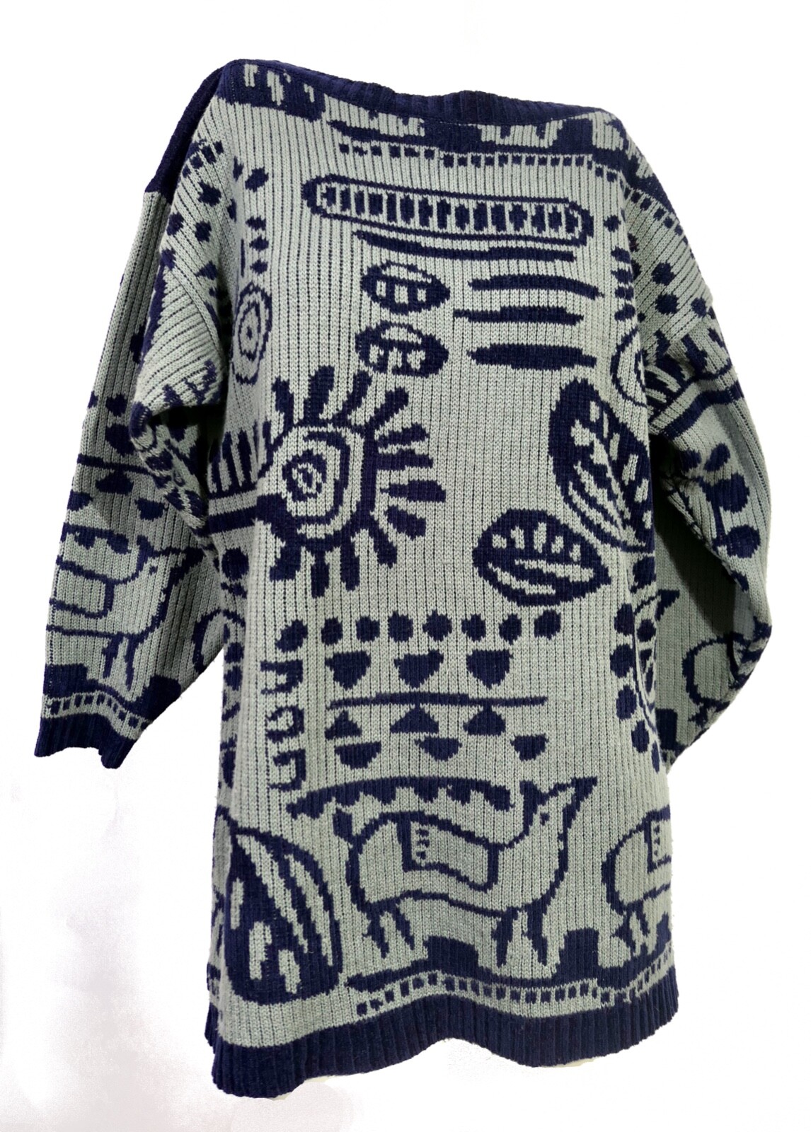 Vintage LeRoy Oversize Acrylic Knit Aztec Tribal Hippy Boho Boat Neck Sweater M