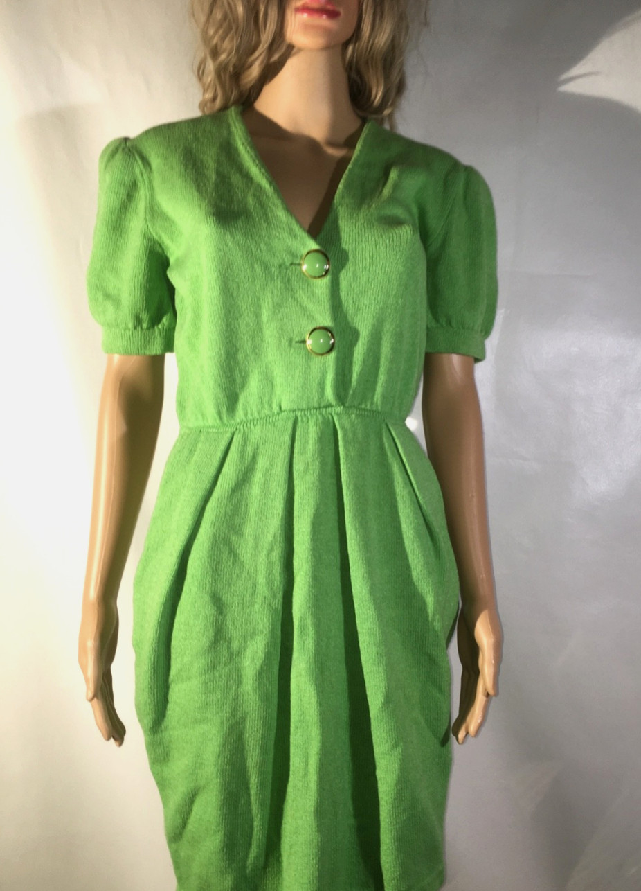 Vintage St. John by Marie Gray Knit Green Dress Puff Sleeves Size 8 1980s V-neck