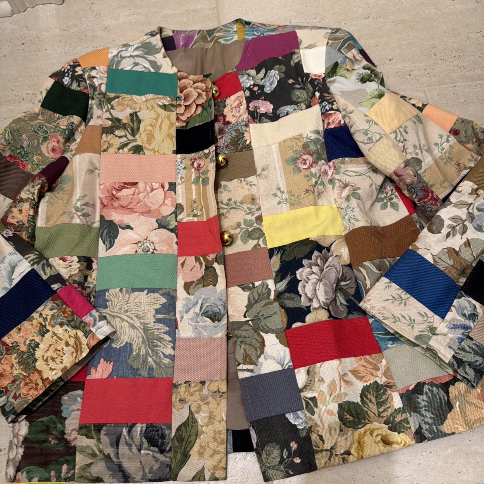 Woman’s Patches Tapestry Blazer Jacket Size 14 Petite Handmade VTG Lined Read: