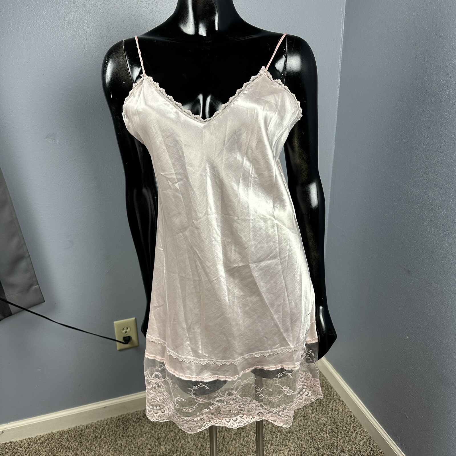 Vtg Lady Cameo Robe & Chemise Nighty Slip Dress Silky Pink Mauve Lace Set Sz L