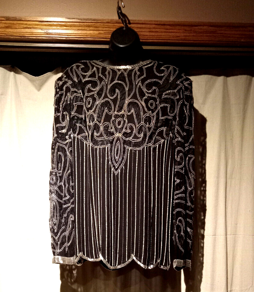 Vintage Silk Beaded Formal Top Black Art Deco 1980s Mob Wife Judith Ann 1X 16 18