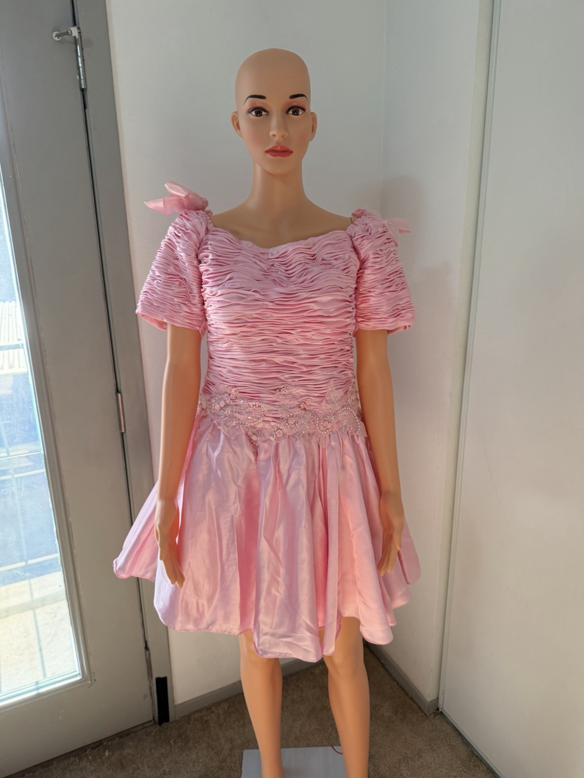 Vintage Pink Ruched Satin Dress XS Small Princess Style Handmade Lo