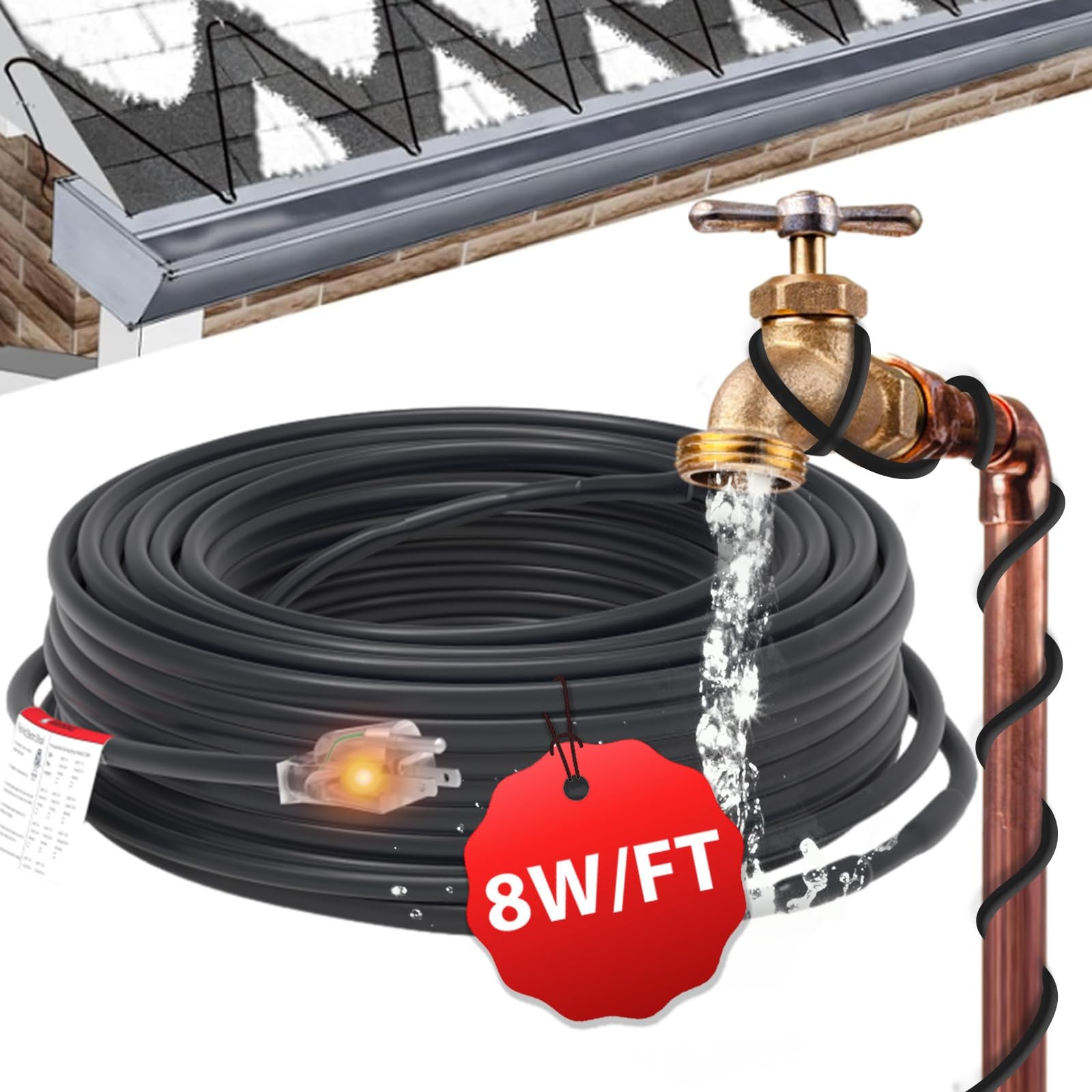 HEATIT 8JHSF1 75ft Roof & Gutter De-icing Heat Tape Cable, ETL Certified 10ft Pl
