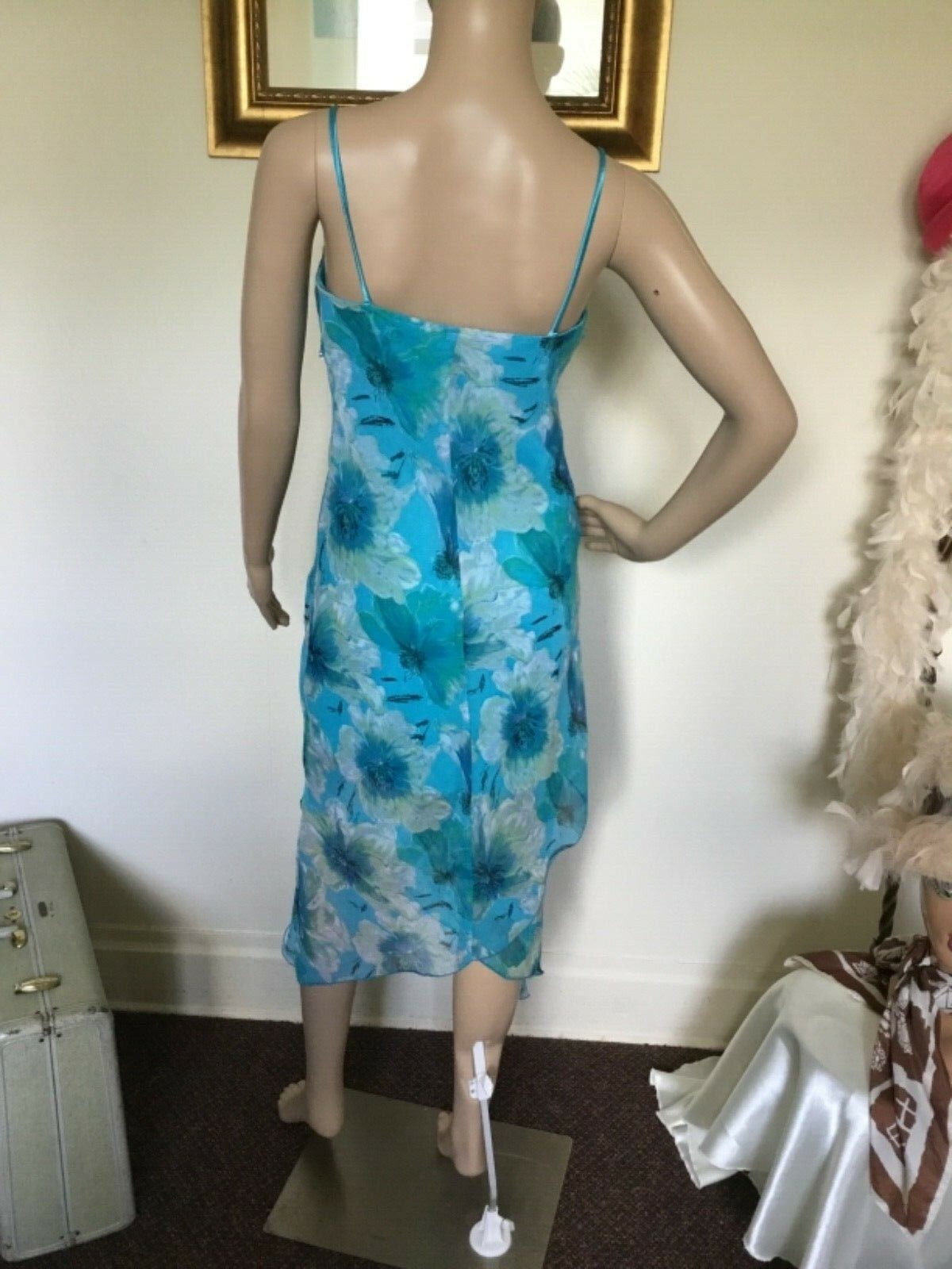 90’s Vintage Blue Sexy Yellow White Floral Beaded Sundress