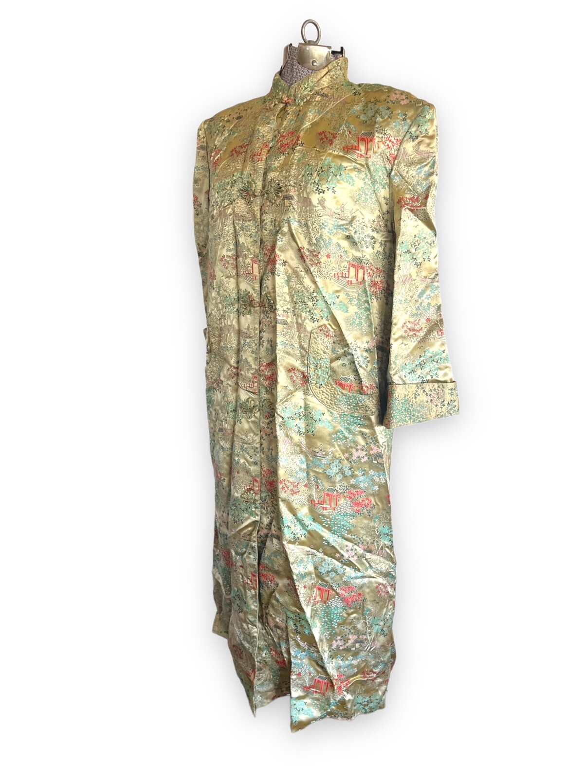 Peony Shanghai China Vintage Gold Satin Kimono Robe Dress Jacket Size 38
