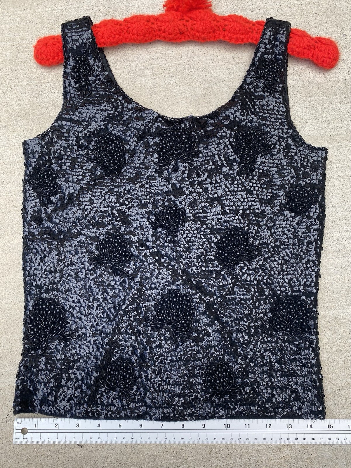 Black Sequin Beaded Wool Top Hong Kong Metal Zip Pinup Glam Tank S 50s 60s Vtg