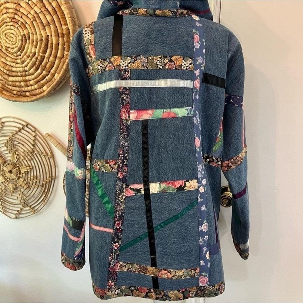 Vintage Patchwork Quilted Jacket Hooded Boho Oversized Denim Coat L XL