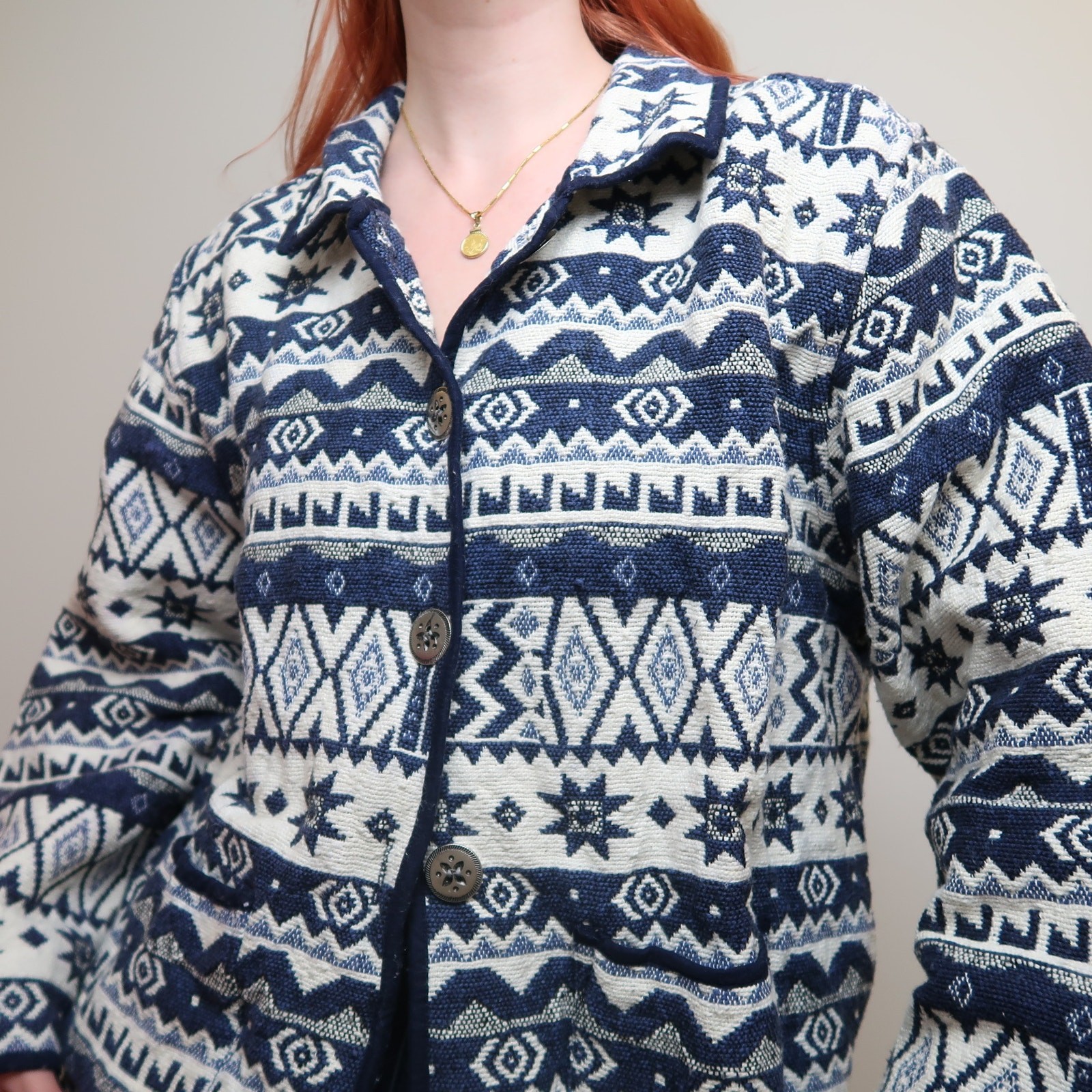 Vintage 90s blue and cream tapestry jacket coat 1X