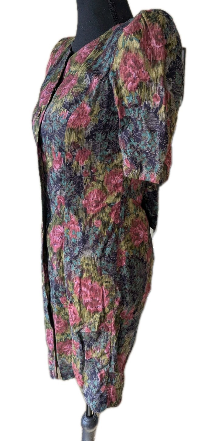 Vintage 80s Floral Button Down Dress W/ Puff Sleeves And Bow On Back Size 2