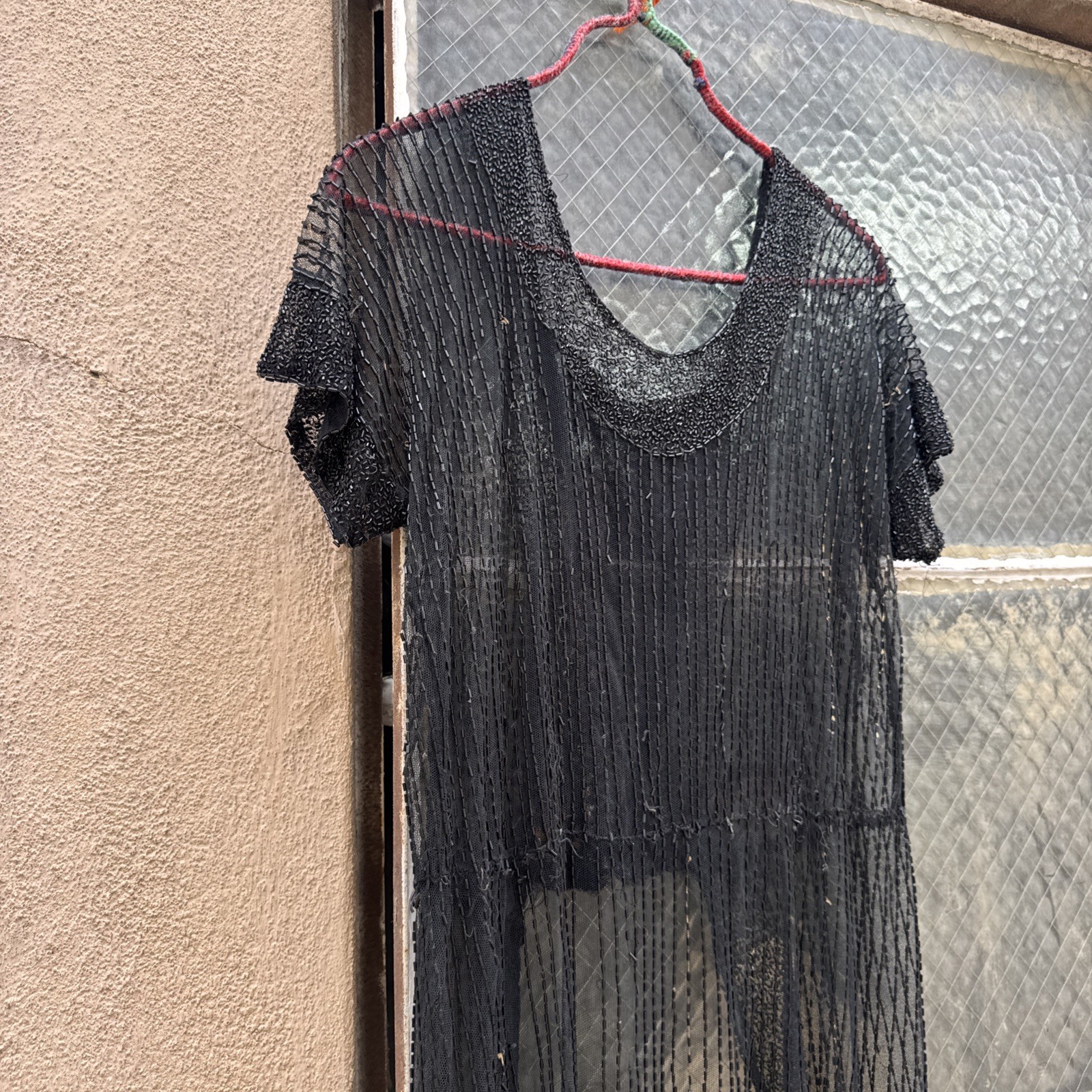 Antique 1920s Black Net Heavily Beaded Dress Train Short in Front Floral Vintage