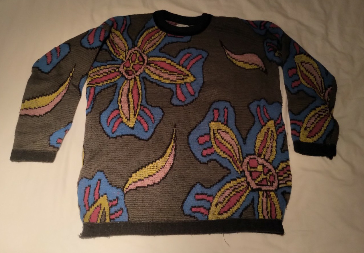 VINTAGE 1980S ESPRIT FLORAL PRINT WOOL SWEATER GREY BLACK BLUE SIZE M MEDIUM