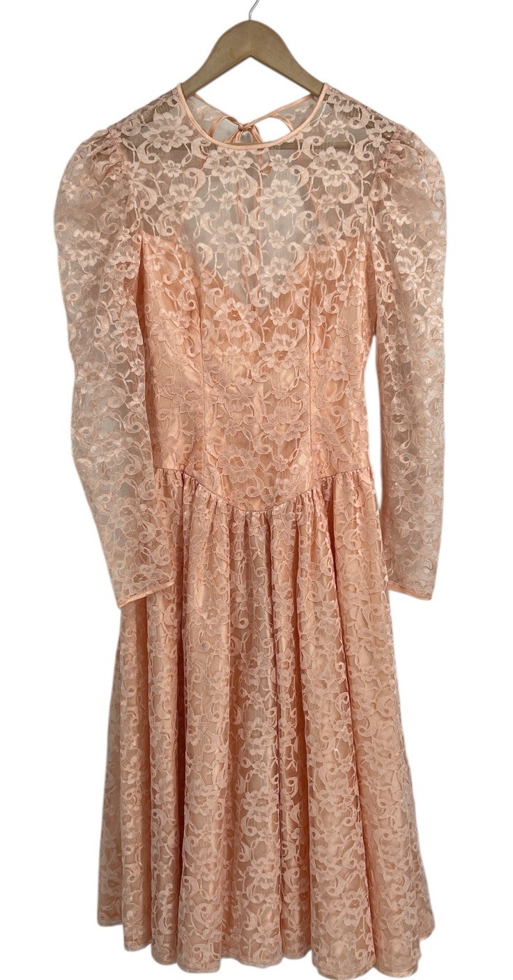 Vintage 80s Dance Allure Peach Lace Overlay Special Occasion Dress Prom Small