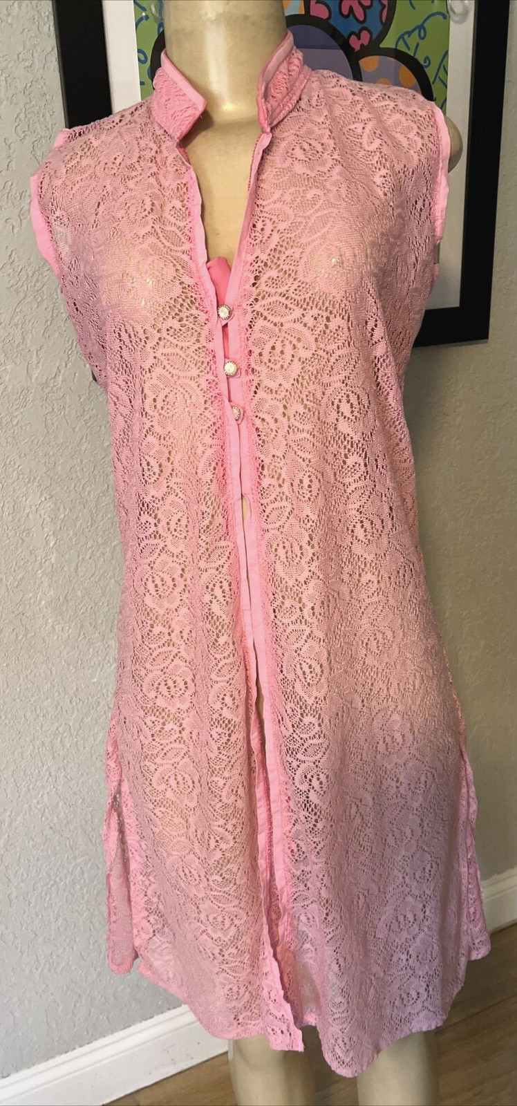 VTG Duster Cardigan Sheer Lace Rose Floral Peal Like Buttons Sz Small y2