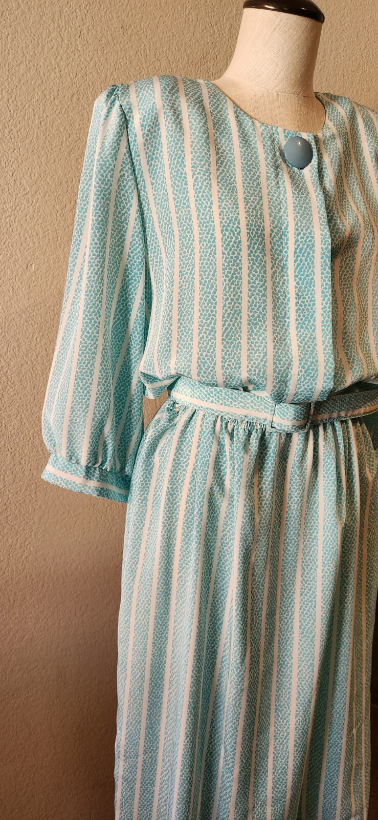 VtG Pellini 80s Aqua Blue And White Striped Belted Dress Shoulder Pads 13/14