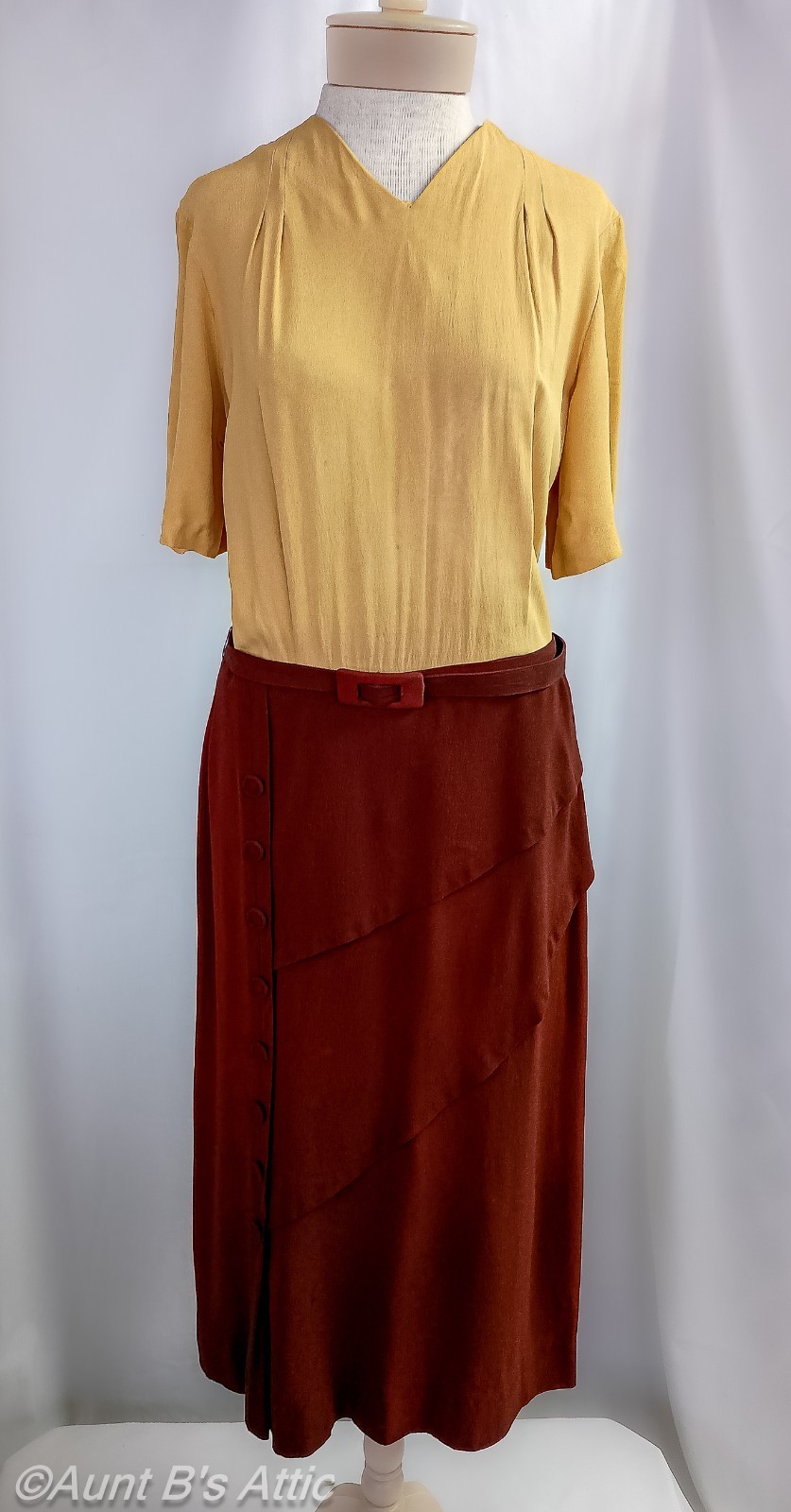 Vintage 40’s Demi Dell Originals 3Pc Br/Gold Rayon Crepe Dress Jacket & Belt LG