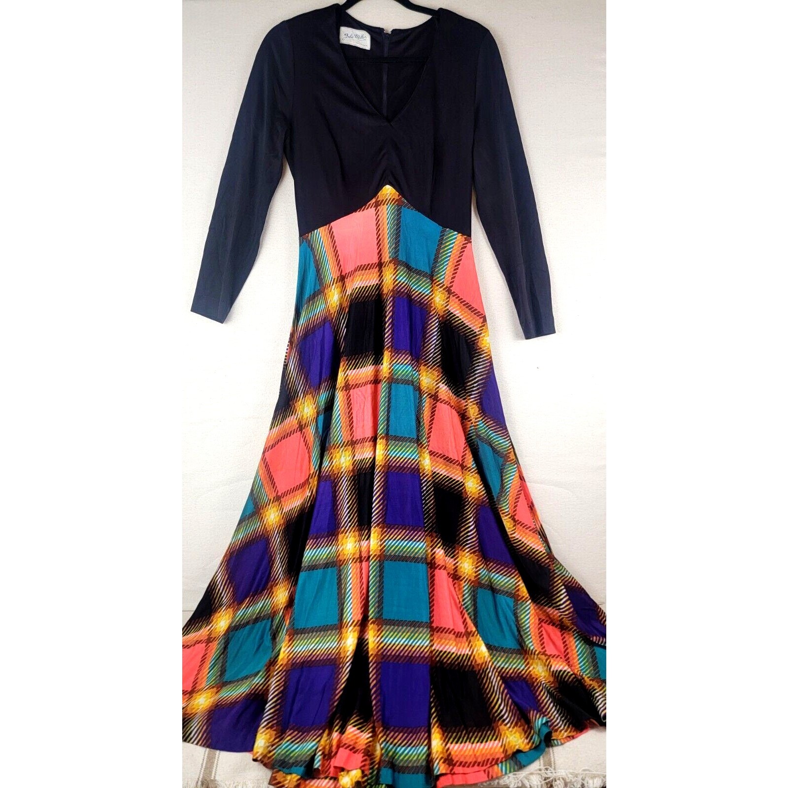 Vintage 1970s Julie Miller California Psychedelic Plaid Maxi Dress Long Sleeve