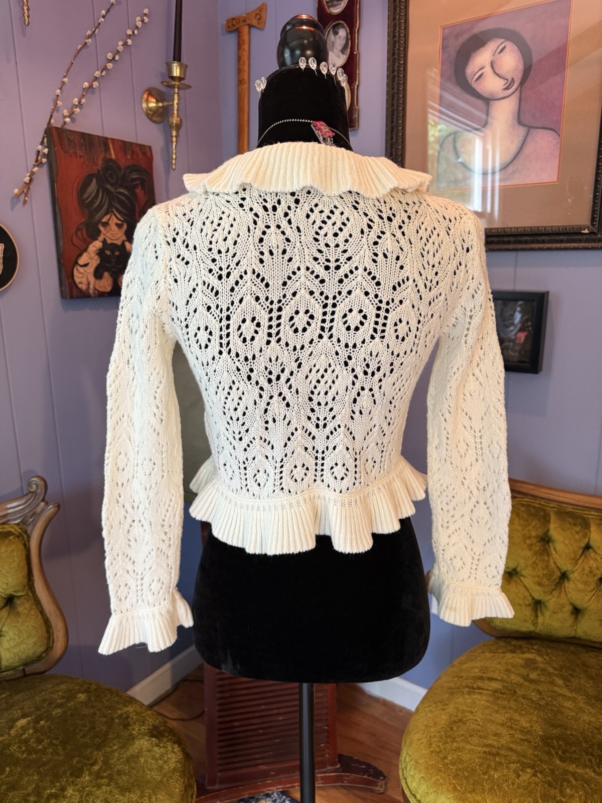 Vintage 90s/Y2K Amy Byer Coquette Cropped Crochet Ruffle Romantic Cardigan Sm