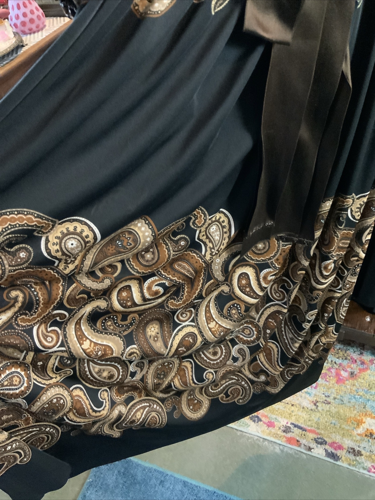 BNOS 1970s ADELE SIMPSON Brown Black Paisley Maxi Full Length Gown Sz 12 Bust 38