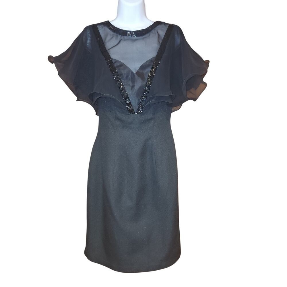 vntg 80s Climax Karen Okada Black dress „V” Shear Top Sz 10 Ruffles And Flare