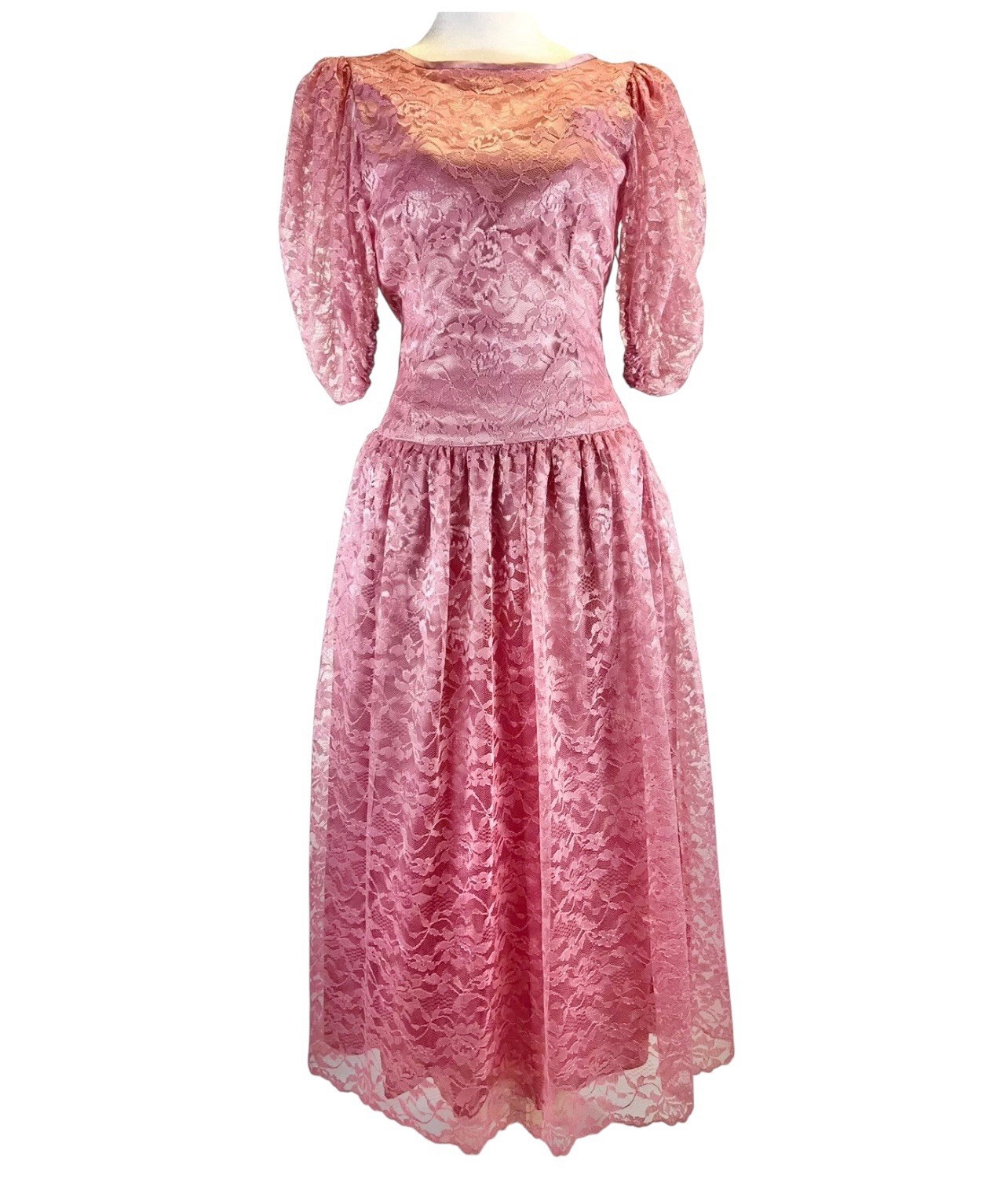 VINTAGE 1980s PRETTY PINK LACE NEW WAVE PUFF SLEEVE PROM PARTY DRESS VICTORIAN