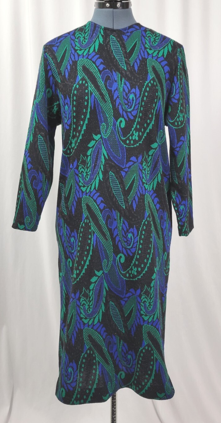 Vintage Newton Centre Black A-Line Sweater Dress w Blue/Green Paisley Size 6
