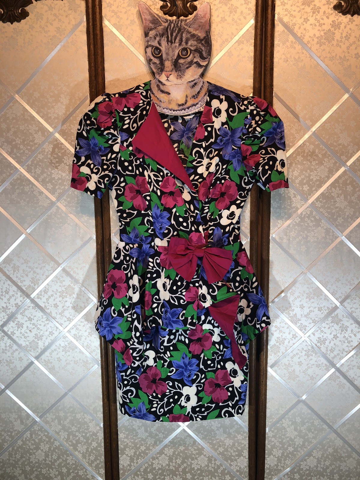 Vintage 80’s Multicolor Floral Peplum Dress Black Blue Pink White Cotton Poly~S