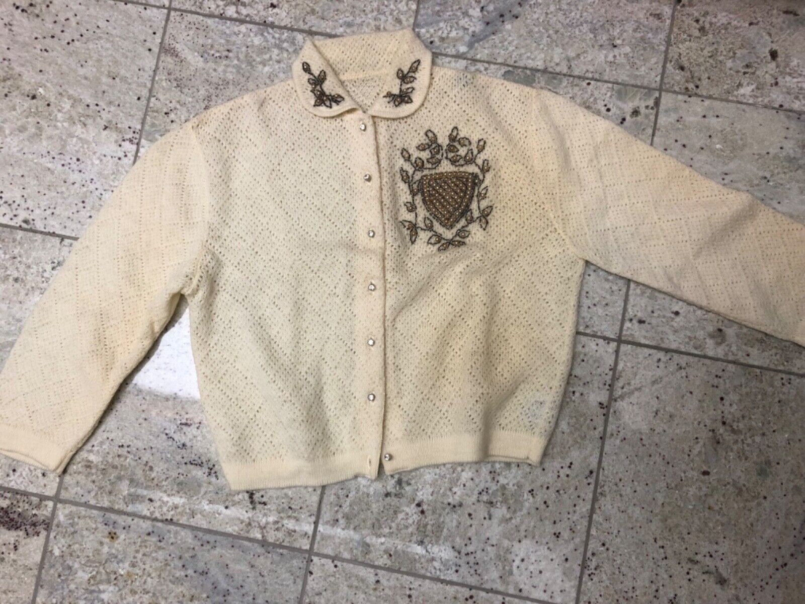 Vintage 1950’s 100% virgin wool knit cardigan jewels sweater Small figure waist